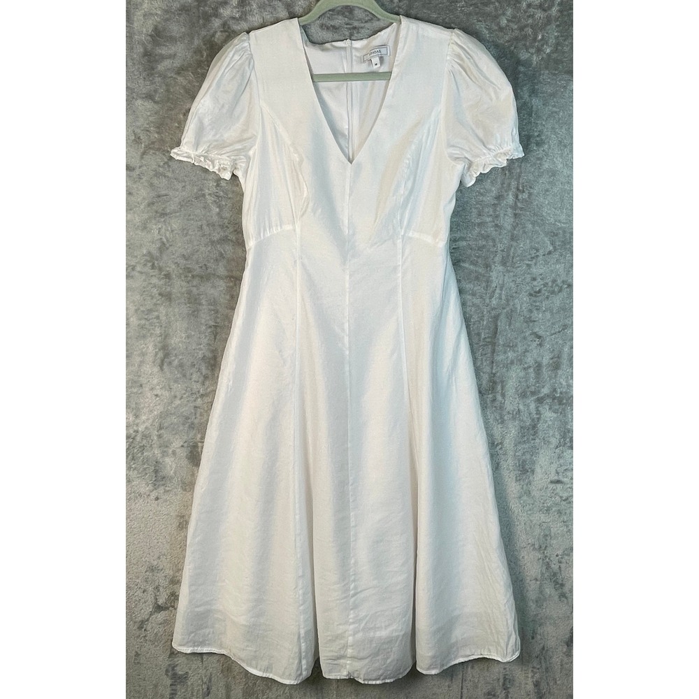 Rihoas Midi Dress Women Medium White Excellent V-Neck Puff Sleeve A-Line G0368